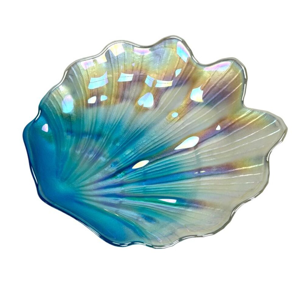 Iridescent Glass Scallop Shell Decorative Plate Blue Teal 7.75 Inch